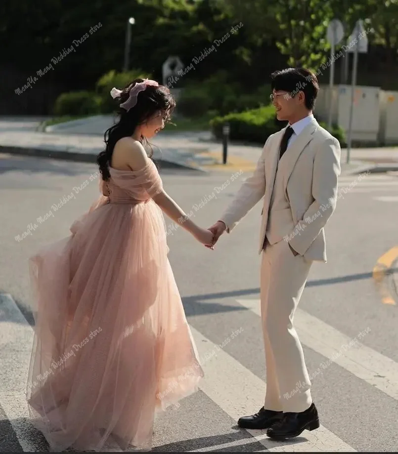 ZHUISHU Fairy Blush Pink 한국 이브닝 드레스 반짝 이는 반짝 이는 Tulle 웨딩 사진 촬영 드레스 오프 숄더 맞춤형 신부 가운