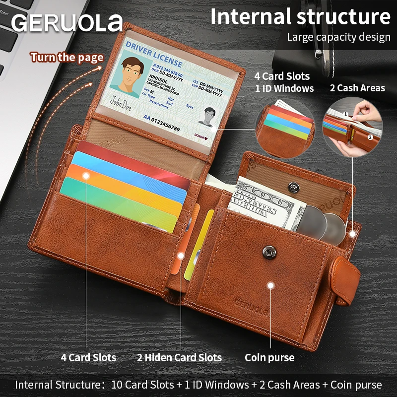 Compact genuine leather wallet, top-grain cowhide wallet with multiple card slots, RFID protection