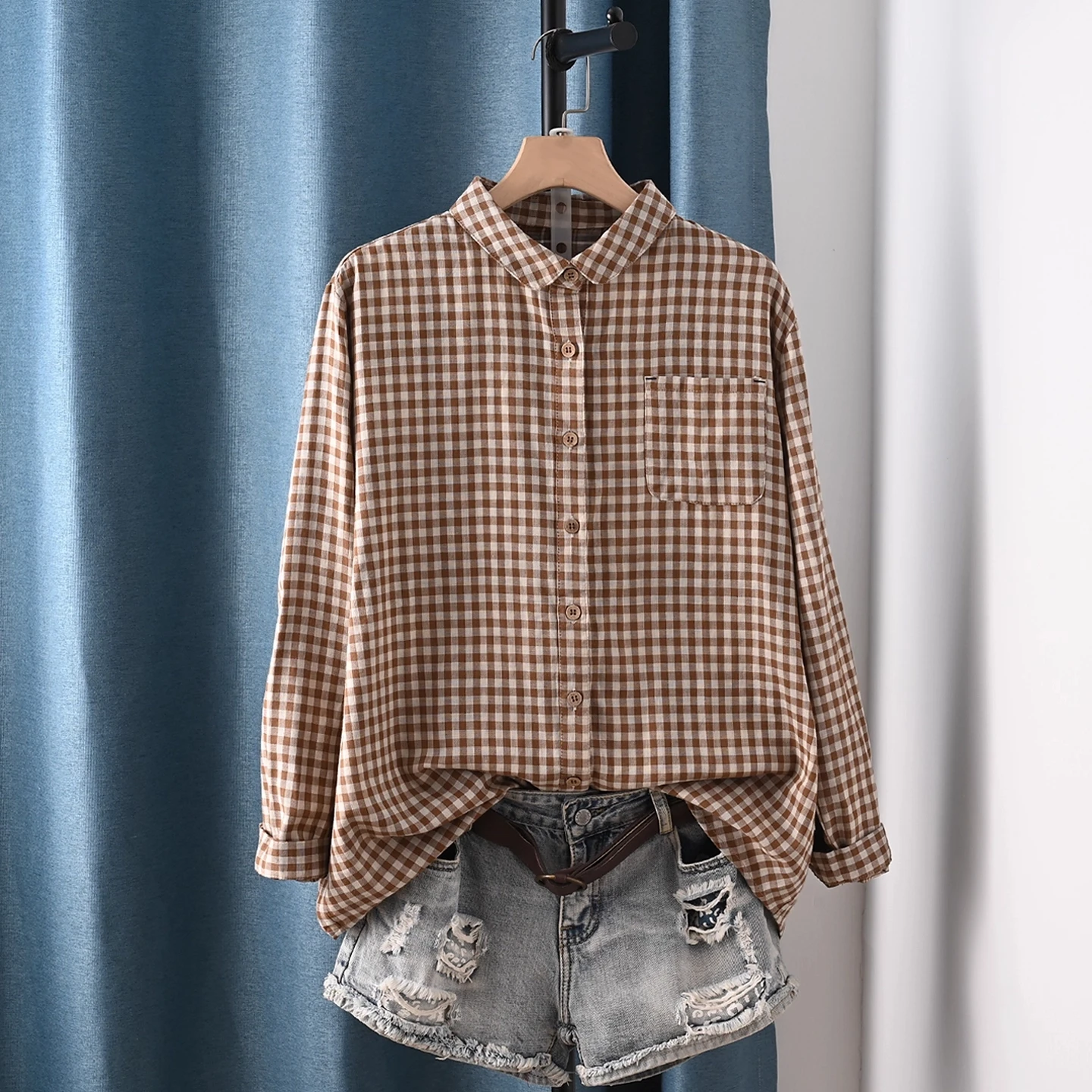 

Enianechu Bust 114cm Fall Clothes 100% Cotton Yarn Black Pink Coffee Check Shirts Casual Vintage Soft Thick Women's Plaid Shirts