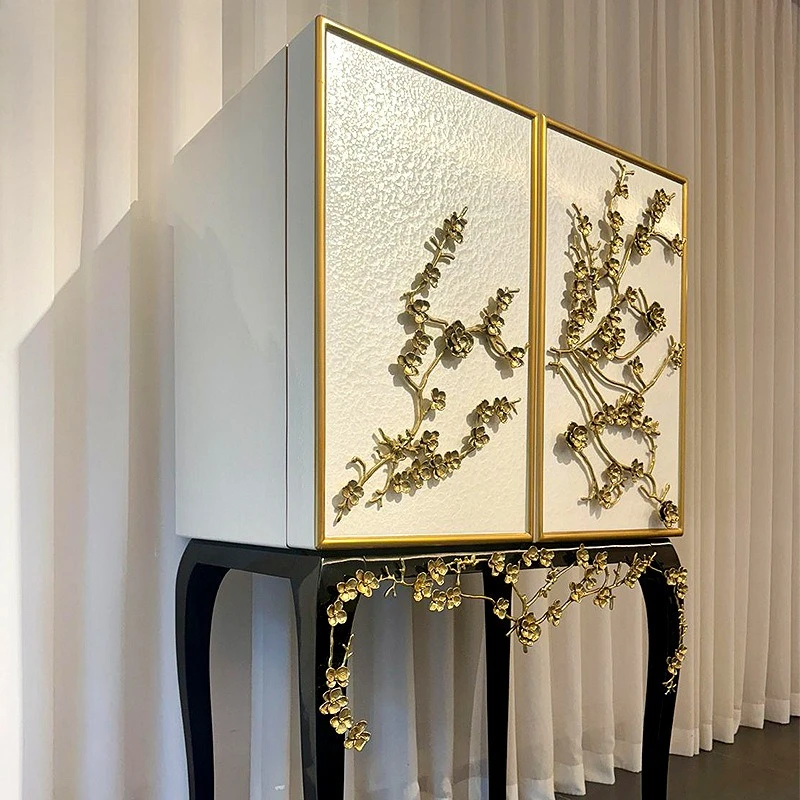 نموذج مصمم لخزانة النبيذ على شكل زهرة نحاسية، وخزانة جانبية لتناول الطعام من الخشب الصلب الراقية، وخزانة تزيين فاخرة للفيلا #4