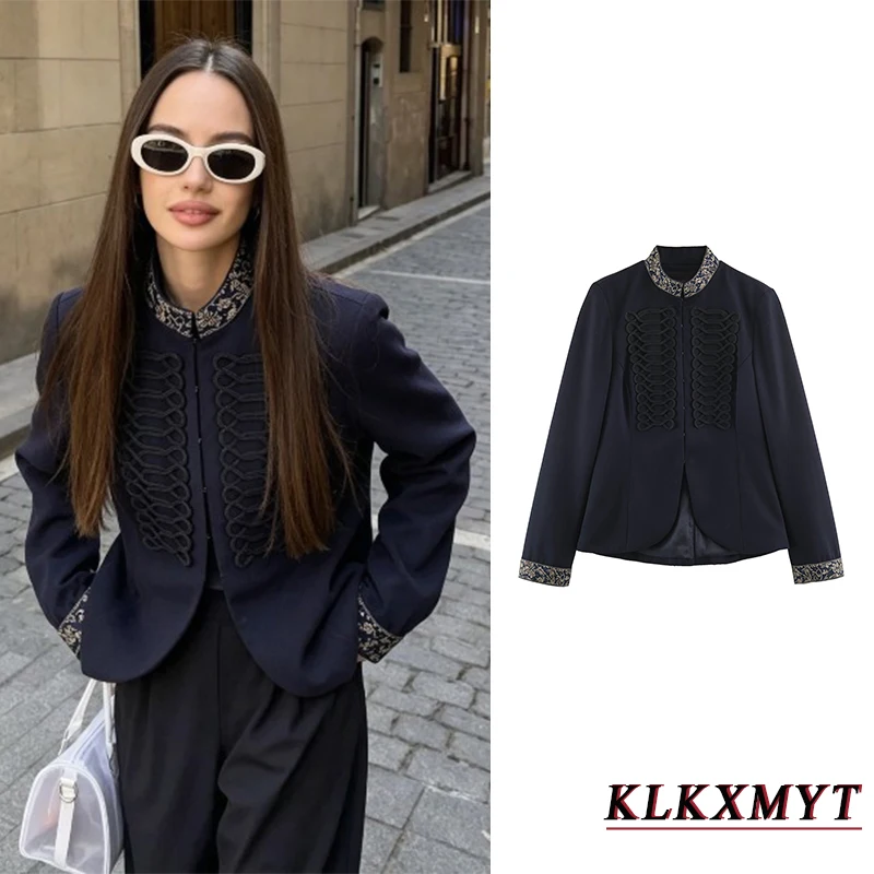 Women Autumn Fashion Embroidery Jackets Elegant Stand Collar Button Black Jackets Leisure Long Sleeve Vintage Napoleonic Coat