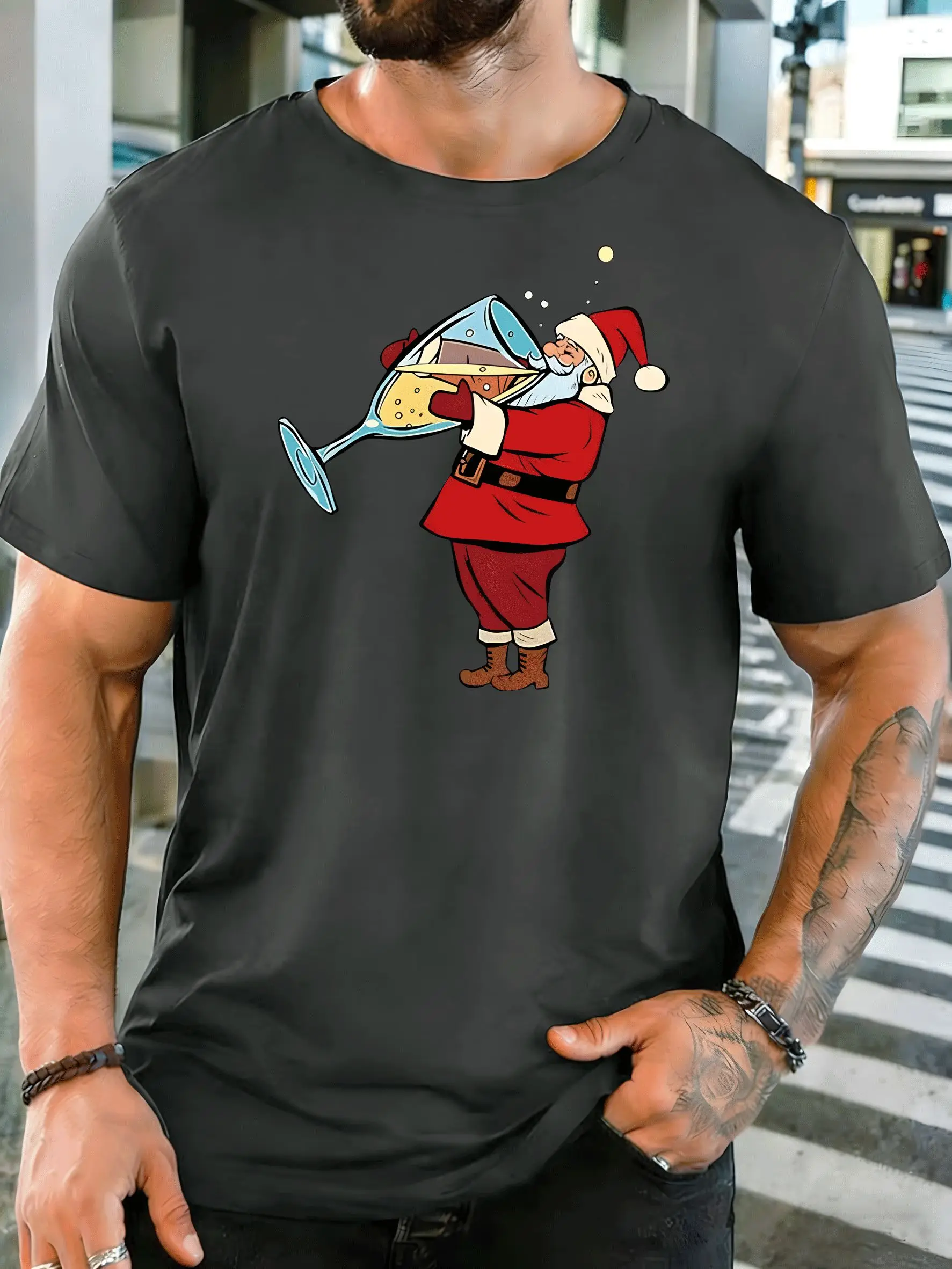 Cartoon Santa Claus Drinking Wine Men Front Print T Shirt Funny Christmas Graphic Tee Casual Short Sleeve Top Holiday Party Gift
