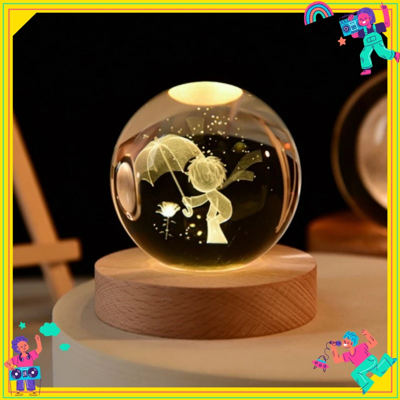 Bola de cristal del sistema solar 3D Pantalla de 6 cm - Luz nocturna LED con temática de astronomía con figura de bola de cristal de luna detallada y astronauta