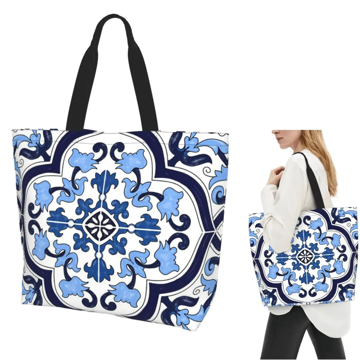 

Blue Ornate Floral Mediterranean Sicilian Tile Shopping Tote Bag Canvas Shoulder Bags Shopper Grocery Handbag for Women