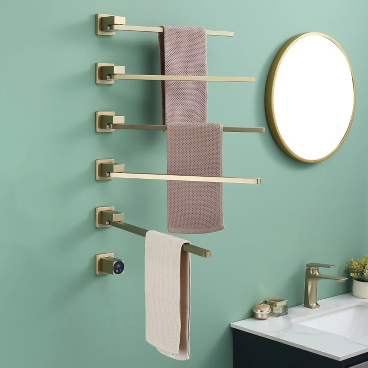 High Quality Concealed Electric Towel Rails with Waterproof 3 Square Rotatable Heated Rails Matte Black Towel Warmer Rack