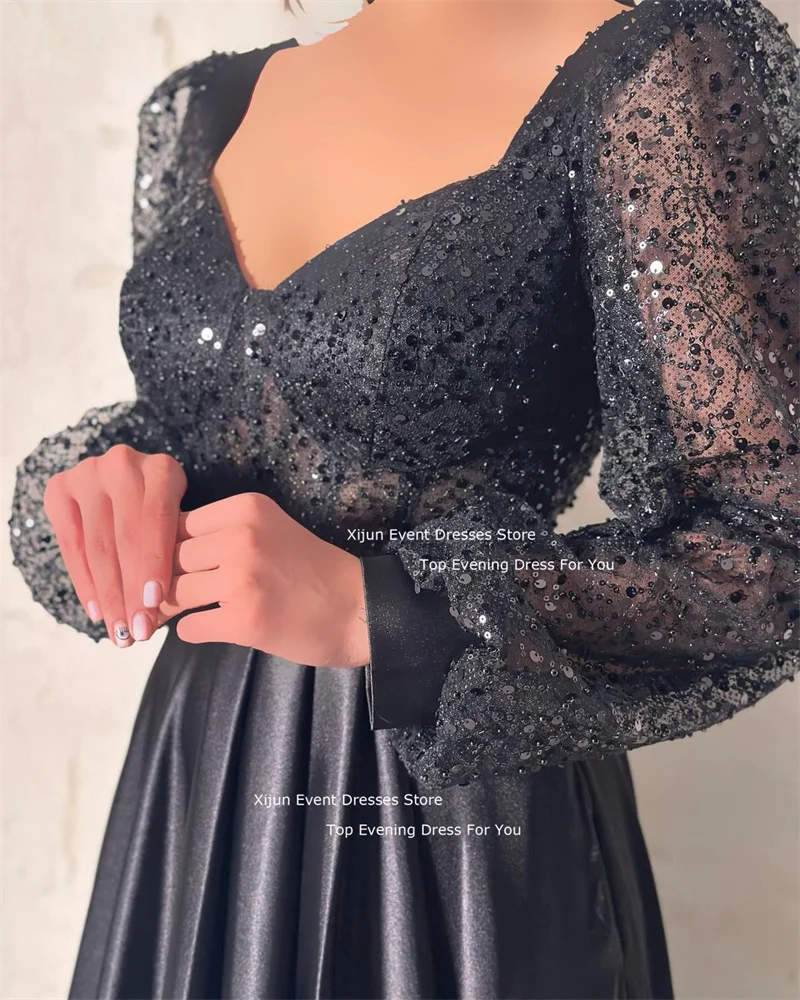 Xijun Elegant Glitter Long Evening Dresses Full Sleeves Sequined Prom Dresses A-LIne Formal Occasion V-Neck Prom Gowns Event