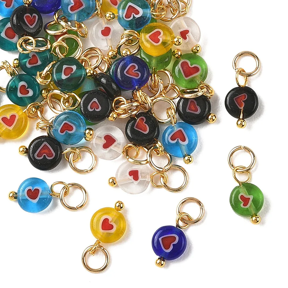 40pcs Mixed Lampwork Glass Charms Round Flat Beaded Red Heart Pendant for DIY Earring Bracelet Necklace Valentine Jewelry Making