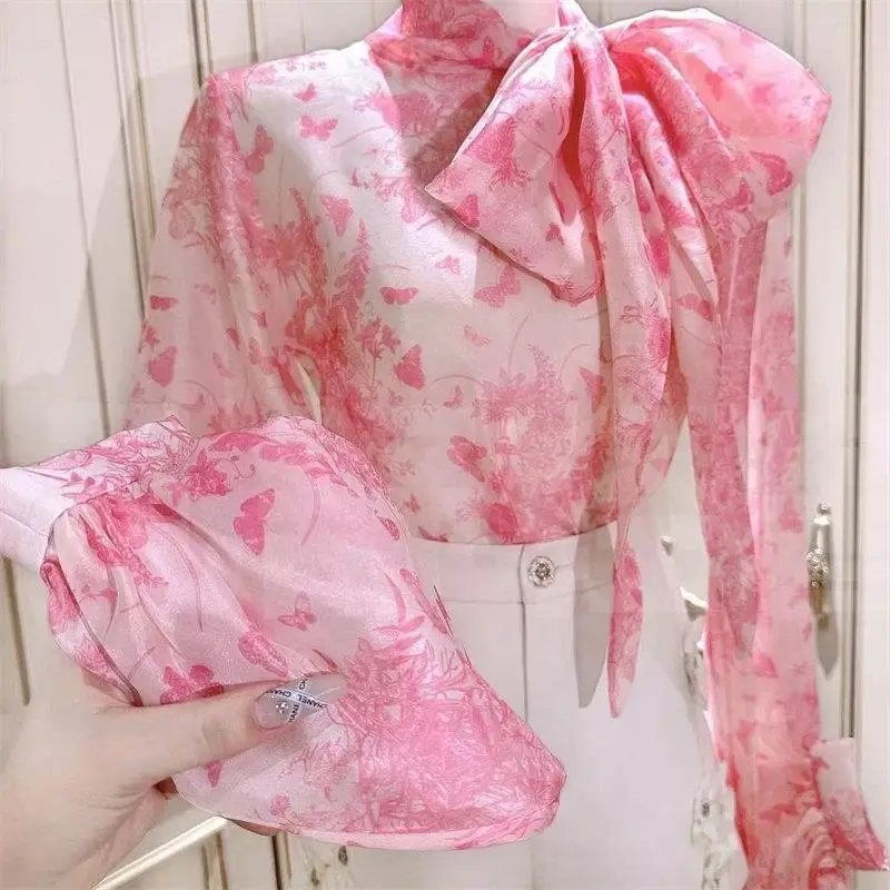 Flower Painted Shirt Spring/Summer 2023 New Fashion Butterfly Print Shirt Lace Up Sweet Top women blouse