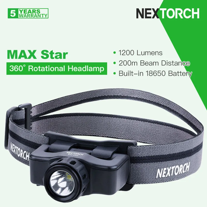 

Nextorch MAX Star 360° Rotational Headlamp/Flashlight with Magnetic Dial Switch, 1200 Lumens,Built-in Rechargeable 18650 Battery