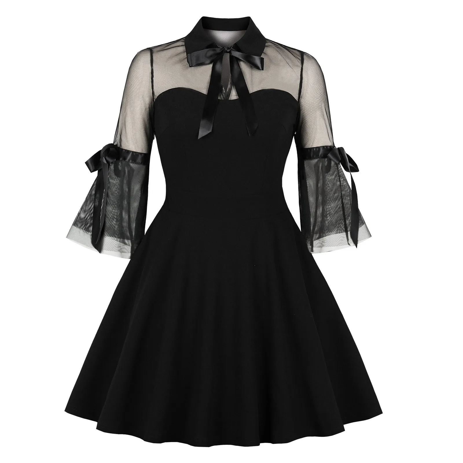 

Halloween Gothic Dress Women Retro Mesh Flare Long Sleeve Stitching Dress Cosplay Costume Party Decoration Supplies