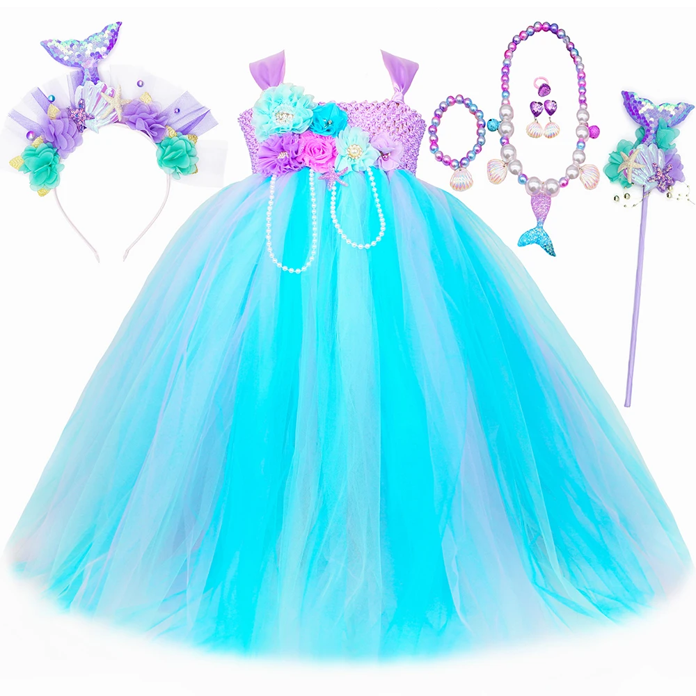 

Princess Mermaid Tutu Dress for Girls Long Birthday Party Flowers Tulle Dresses Ball Gown Kids Halloween Little Mermaid Costume