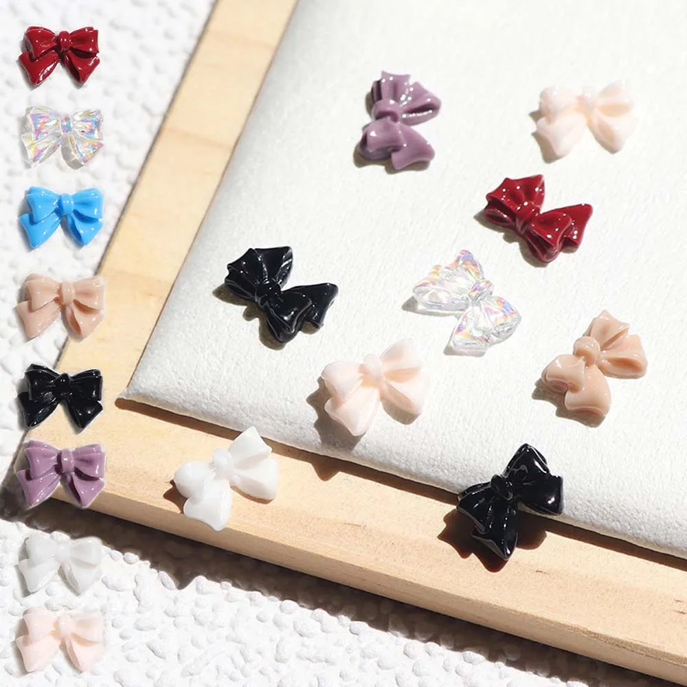 50 adet şarap kırmızı yay tırnak sanat Charm 3D yeni reçine çift katmanlı ilmek şerit tırnak dekorasyon DIY Kawaii tasarım tırnak aksesuarları