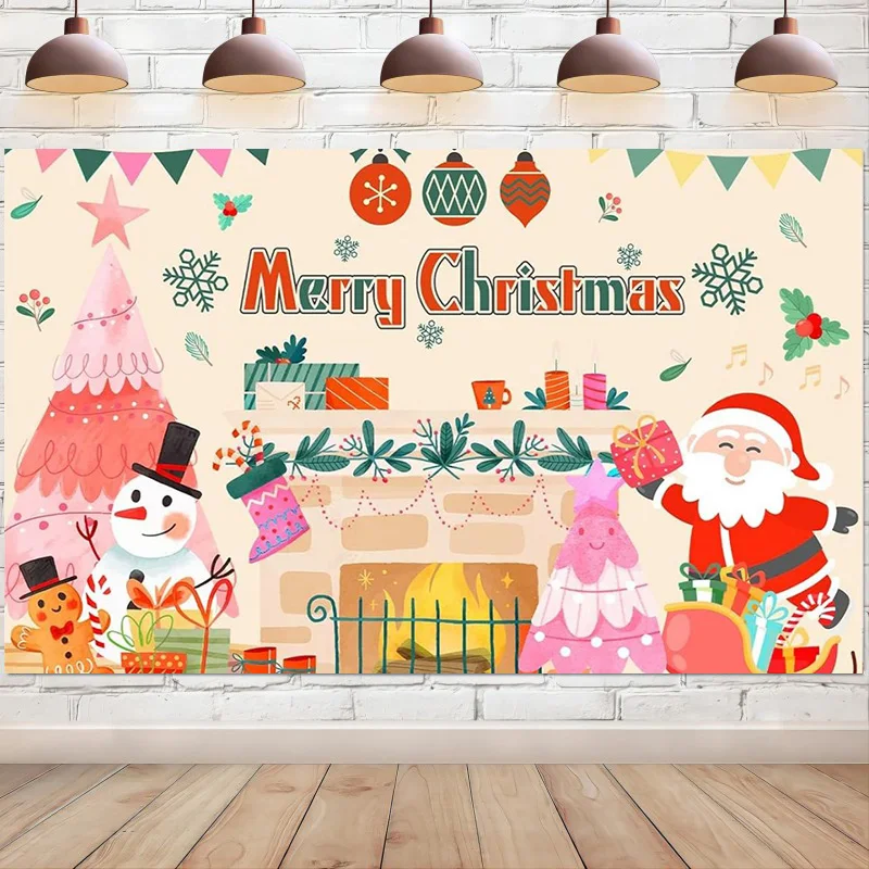 

Cute Merry Christmas Backdrop Fireplace Santa Claus Snowman Pink Cartoon Background for Photography Party Decorations Banner