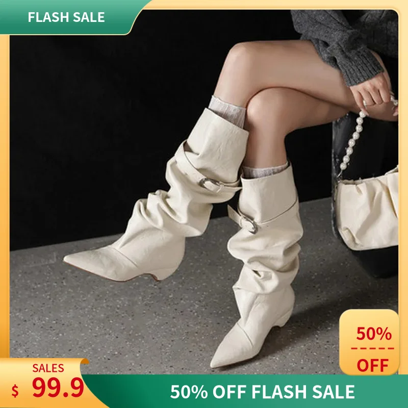 Women Genuine Sheepskin Slouch Mid Calf Boots Pointed Block Heel Buckle Strap Fold Over Black Off White Warm Fleece Lined F574