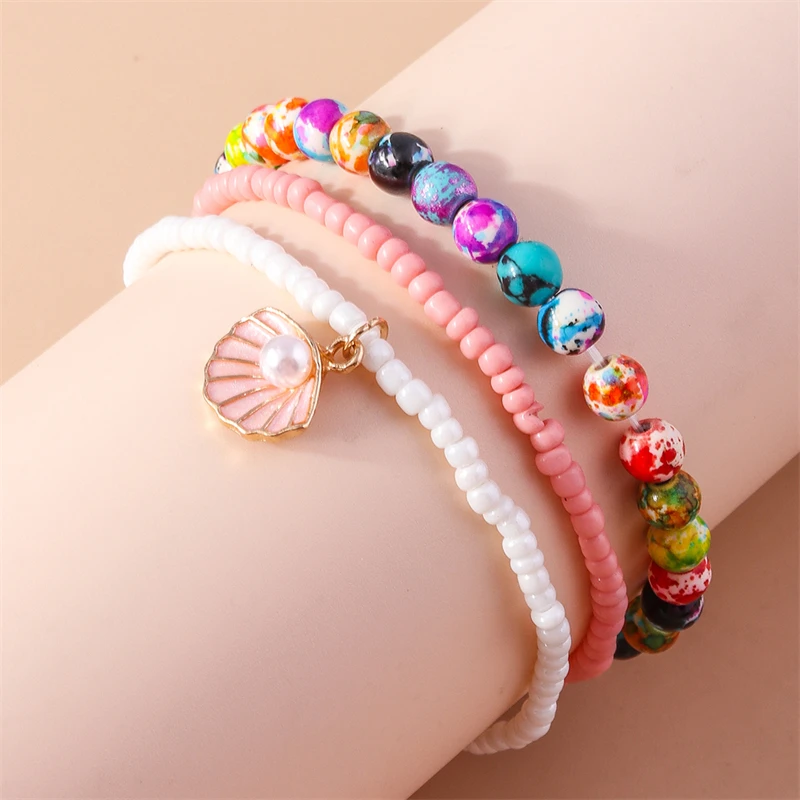 3-teiliges Set Modische Handgefertigte Perlenarmbänder für Frauen, Legierungs-Muschel-Herz-Anhänger-Armbänder, Schmuckgeschenke für Mädchen, Party, Festival – Detail 8