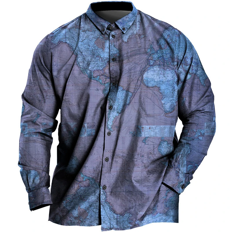 Men's Daily Casual Vintage World Map 3D Printed Shirt Long Sleeve Street Classic Cool Retro Design Blouses Clothing Lapel 2024