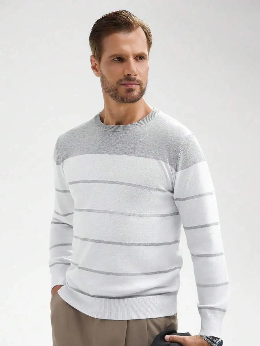 

Men's Crew Neck Striped Long Sleeve Knit Sweater for Fall Winter