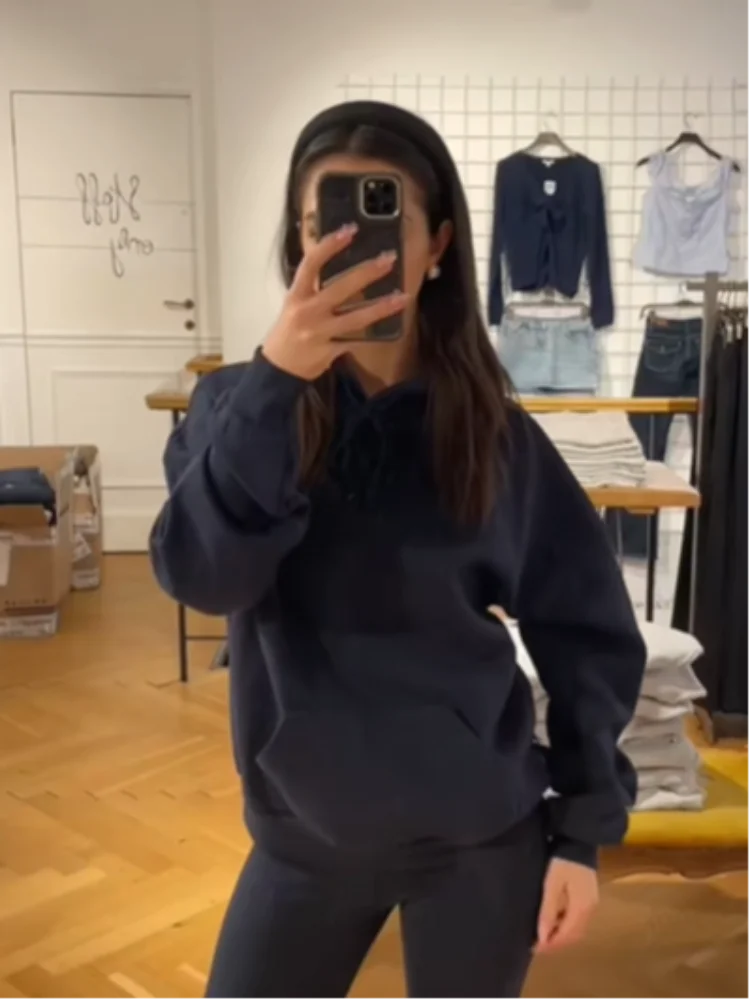 أنيقة الأزرق الداكن الترتر زاوية نمط هوديي Sweatsuit كم طويل فضفاض شارع العليا البلوز 2025 جديد سيدة الخريف الشتاء معاطف