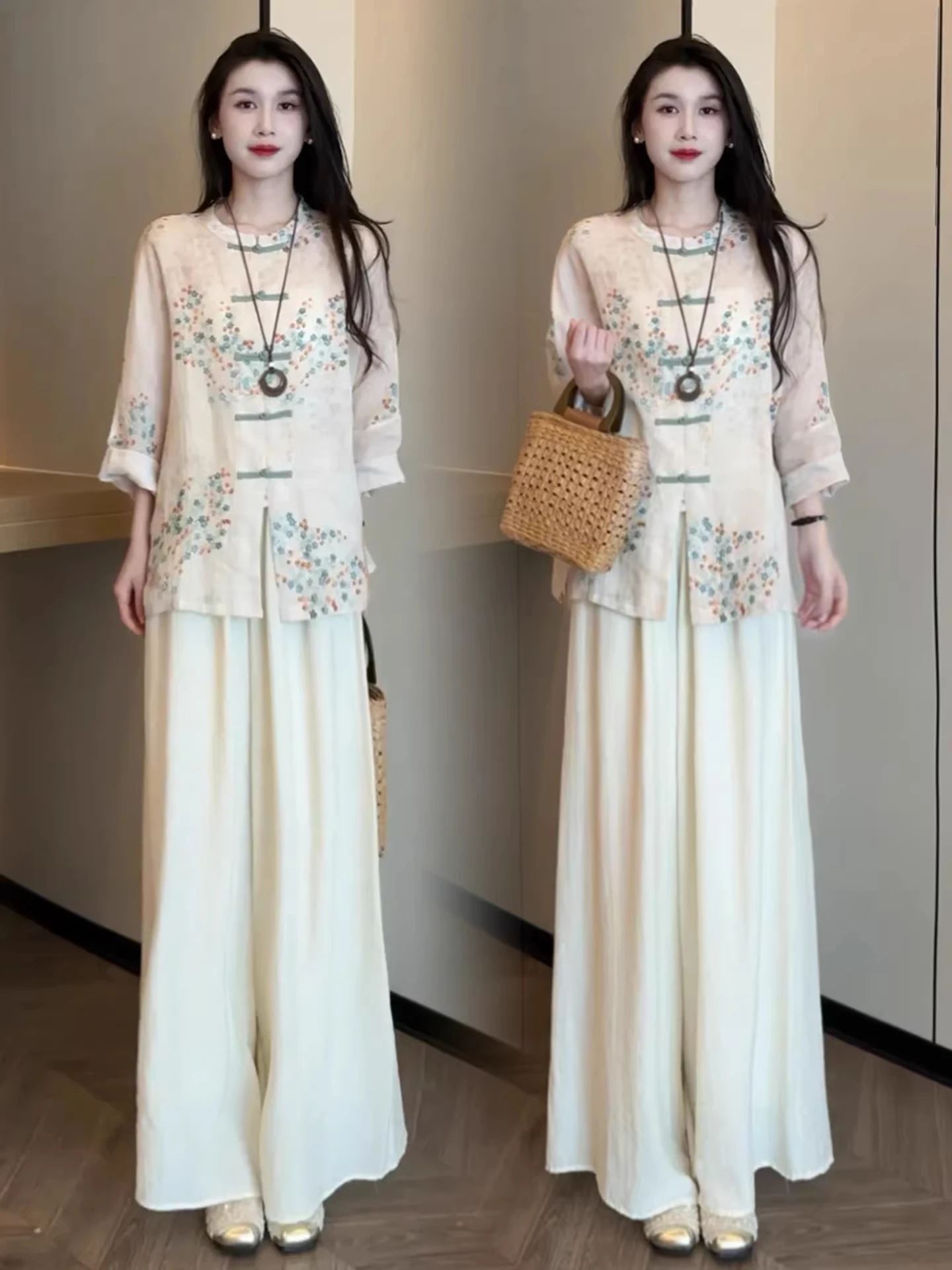 New Chinese Style Fashion Set Women's Autumn New Trendy Slimming National Style Button up Top Wide Leg Pants Two Piece Set