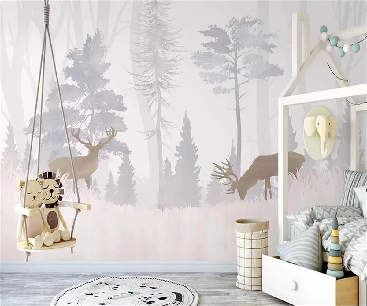 Custom Photo Wallpaper Nordic hand painted forest elk children's room interior art background wallpapers home decor papel tapiz