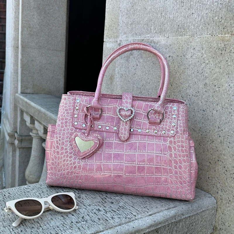 Crocodile Pattern Embossed Shoulder Bag,Women Large Capacity Handbag,Designer Briefcase,Y2k Girls Commuter Fashion Handbag,Pink