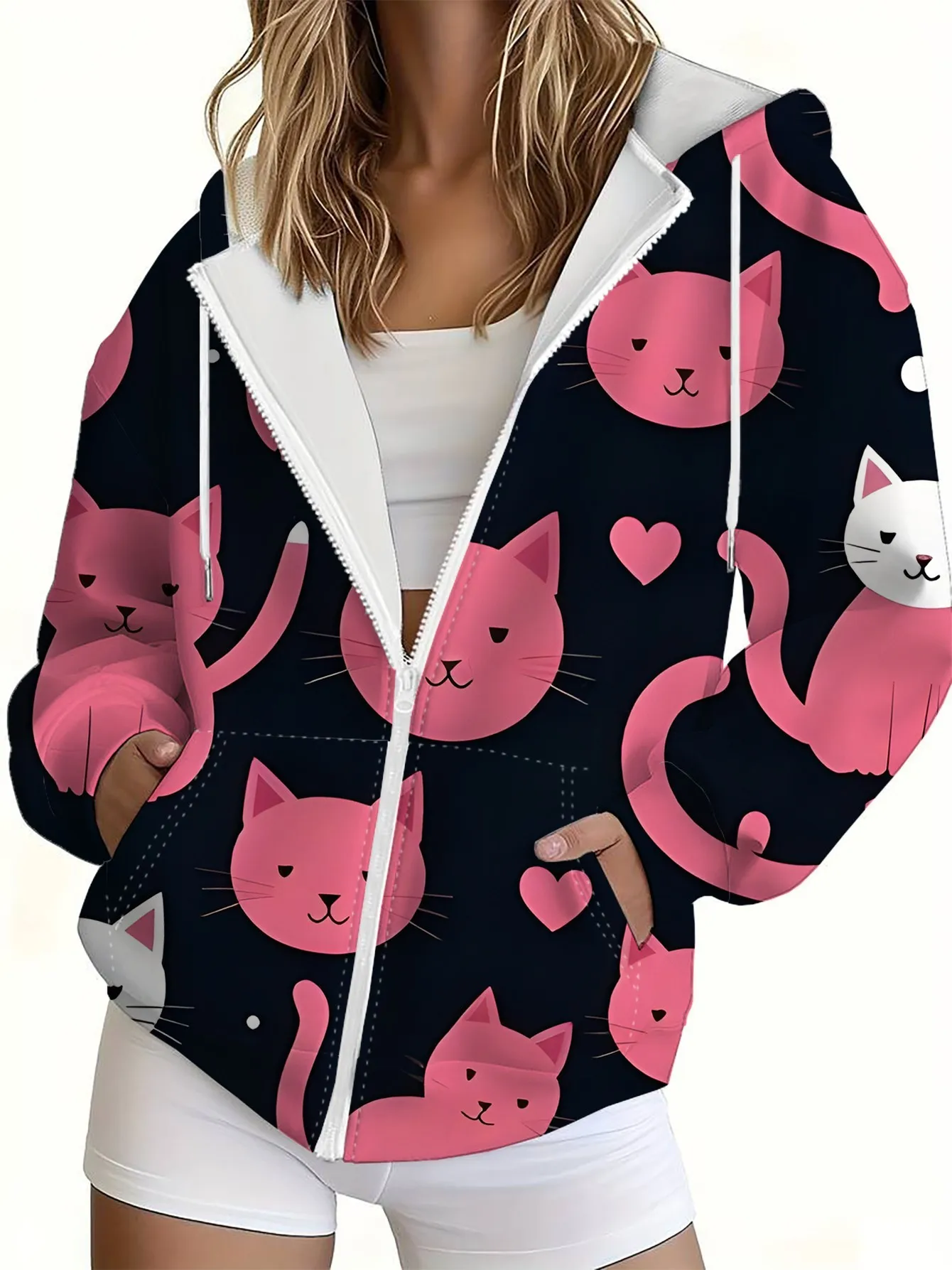 2026 autumn and winter new style women's zipper hooded sweater with 3D bat pattern print street casual and comfortable