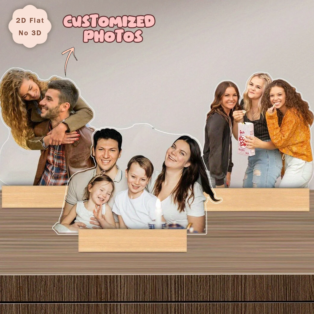 Custom Full Group Portrait Cutout Acrylic Tabletop Standee, Personalized Family Friend Couple Photo Plaque with Wooden Base, Uni