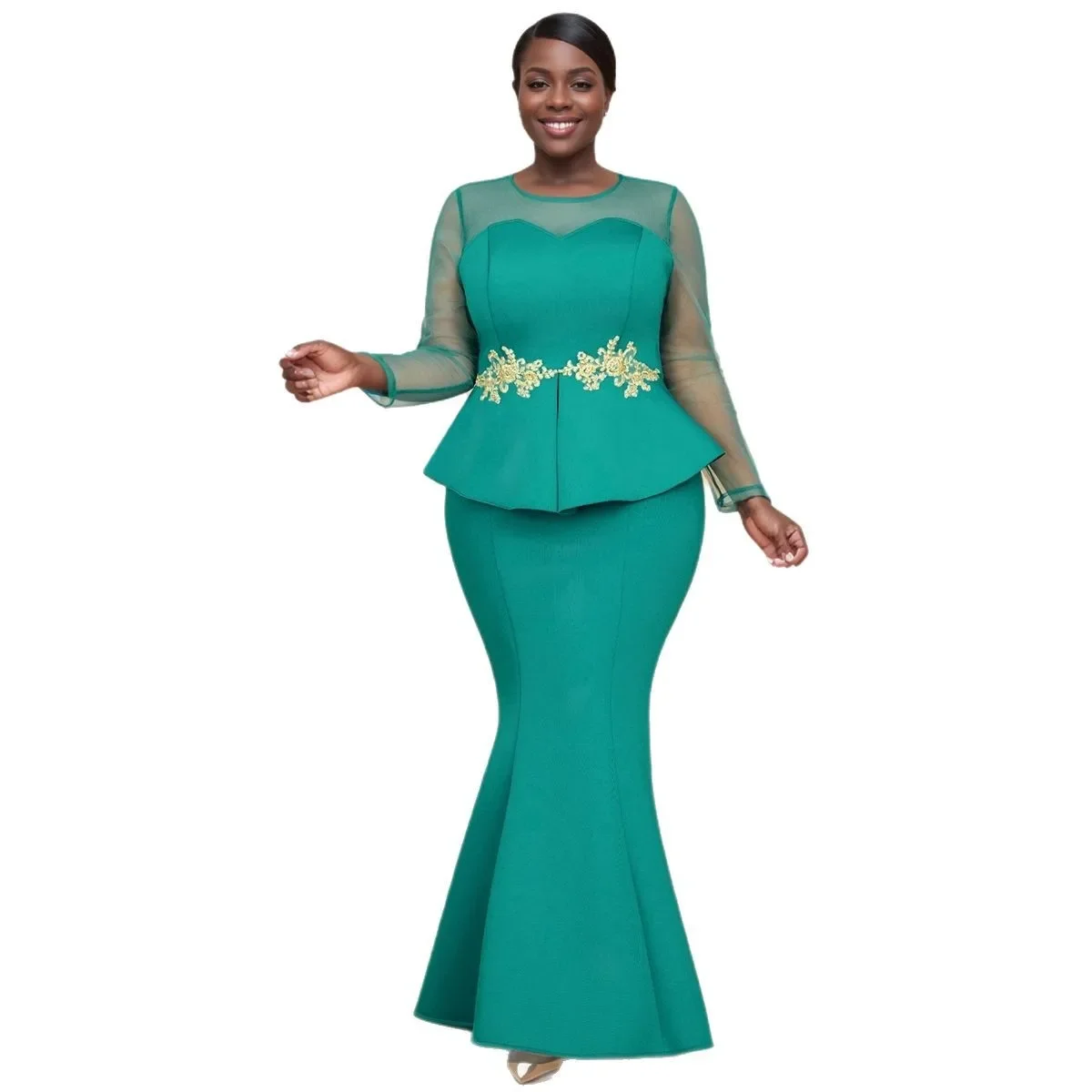 

Customized Elegant African Party Evening Dresses for Women Autumn African Long Sleeve V-neck Polyester Green Long Maxi Dress Gow