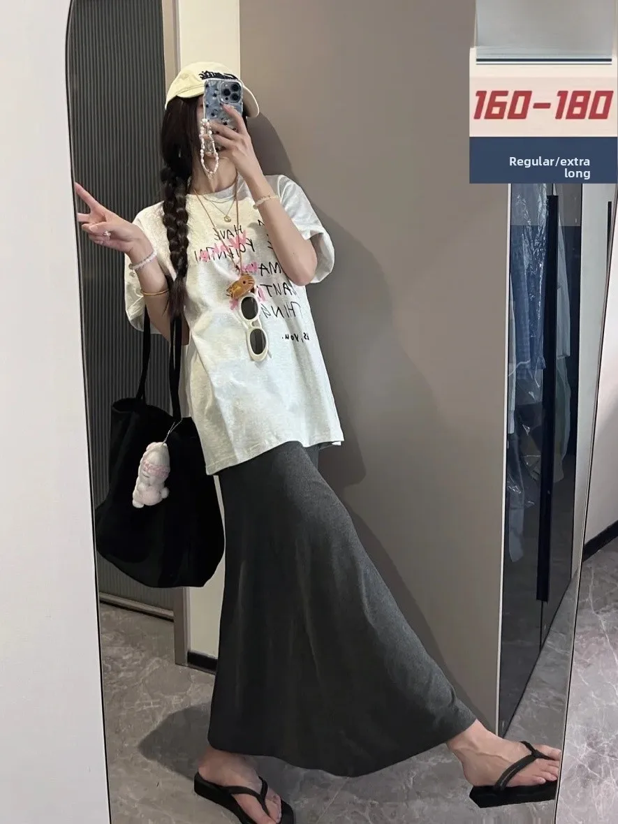 

Удлиненная драпированная юбка из модала для высоких женщин, летняя модная свободная стройнящая юбка миди в корейском стиле с высокой талией А-силуэта