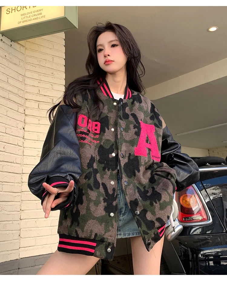 Kurtki baseballowe z literą M damskie wygodne kontrastowe z przeszyciami młodzieżowe ze skóry bydlęcej w stylu cargo petite casual ocieplane sportowe