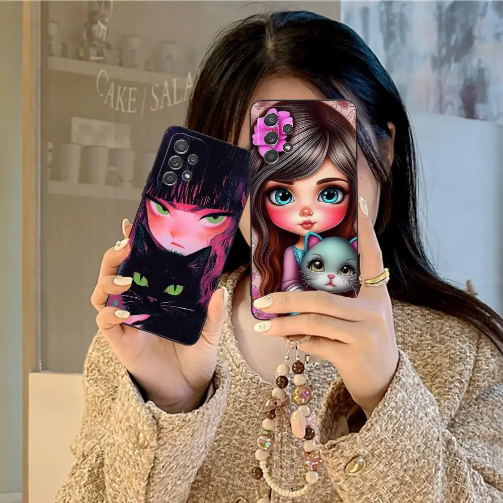 Girl Cat Kitten Art Phone Case for Samsung Galaxy M55 54 42 35 34 33 32 23 22 15 14 13 12 F55 5G Colour Protective Cover Luxury #4