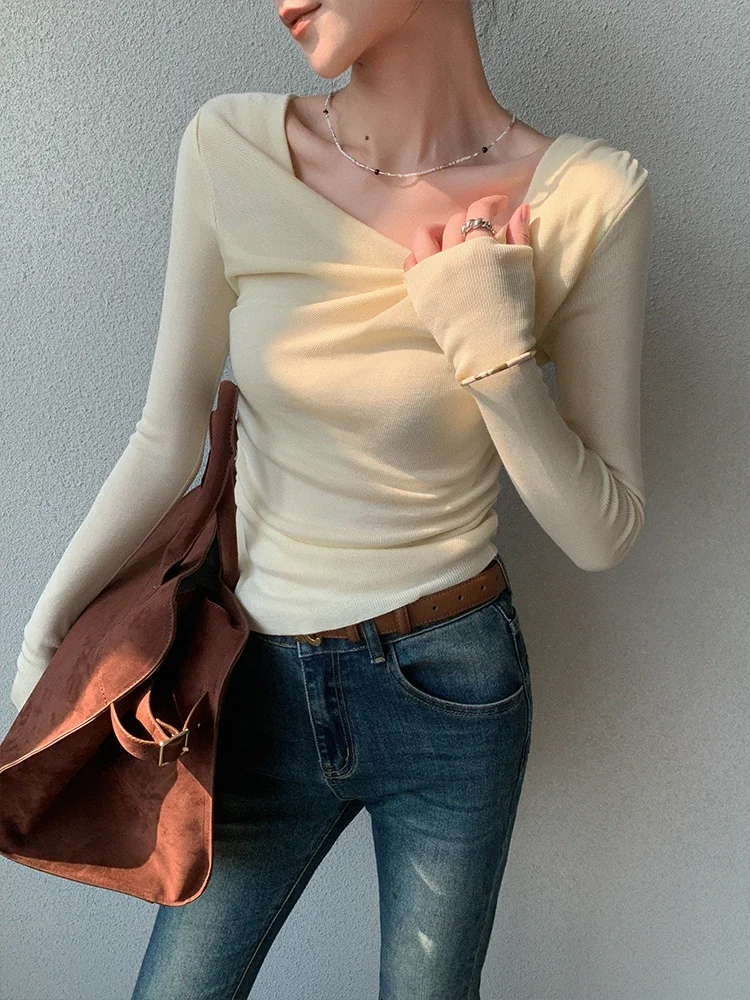 

Женская футболка JWUNIQUE с длинным рукавом, весна-осень, новая модель, базовая, с дизайнерским акцентом, цвет винно-желтый, для повседневной носки