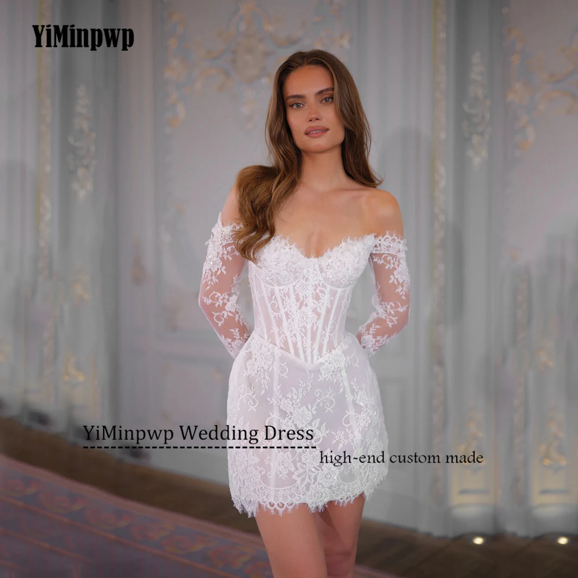 

Customized Mini Lace Wedding Dress Long Sleeve Strapless Applique Mermaid Corset Short Bride Gowns 2025 Vestidos De Novia