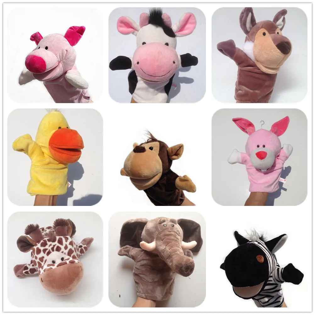 Jouets en peluche de marionnettes d'animaux pour enfants, poupées en peluche Kawaii, jouets pour bébés, éléphant, dinosaure, singe, jeu de discussion, 25cm