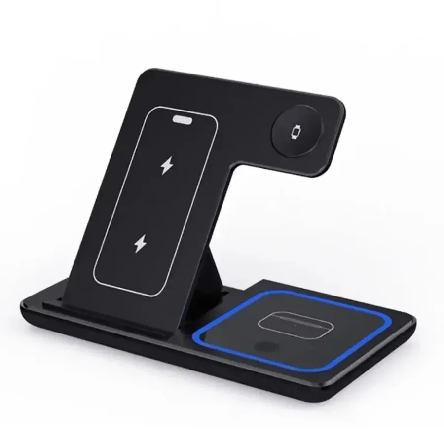 حامل شاحن لاسلكي سريع LED 3 في 1 محطة شحن قابلة للطي لهاتف iPhone 16 15 14 13 12 Apple Watch 9 8 7 6 5 Airpods Pro