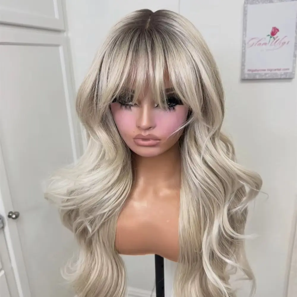 

28 Inches Ombre Platinum Blonde Balayage Highlights Washable Synthetic Wig with Bangs Natural Body Wave Wig Party Daily Cosplay