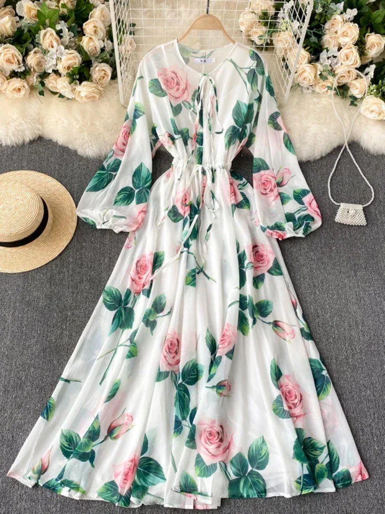 

2024 New Women Long Dress New Spring Summer Elegant French Flower Printed Boho Dresses Ladies Vintage Beach Long Robe Vestidos