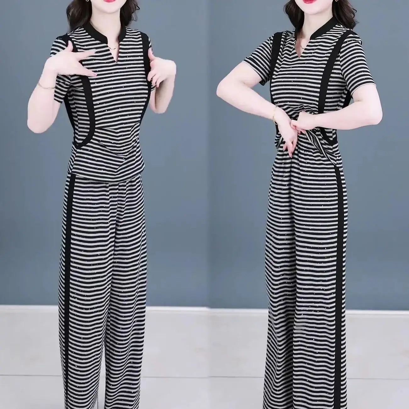 

Fashionable Casual Striped Wide-leg Pants Two-piece Summer 2025 Slimming New Temperament Set