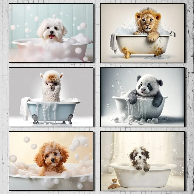 Animal bathing Poster Goat lion giraffe duck cat cat puppy In the bathtub Canvas printing bathroom Wall art decoration paintings