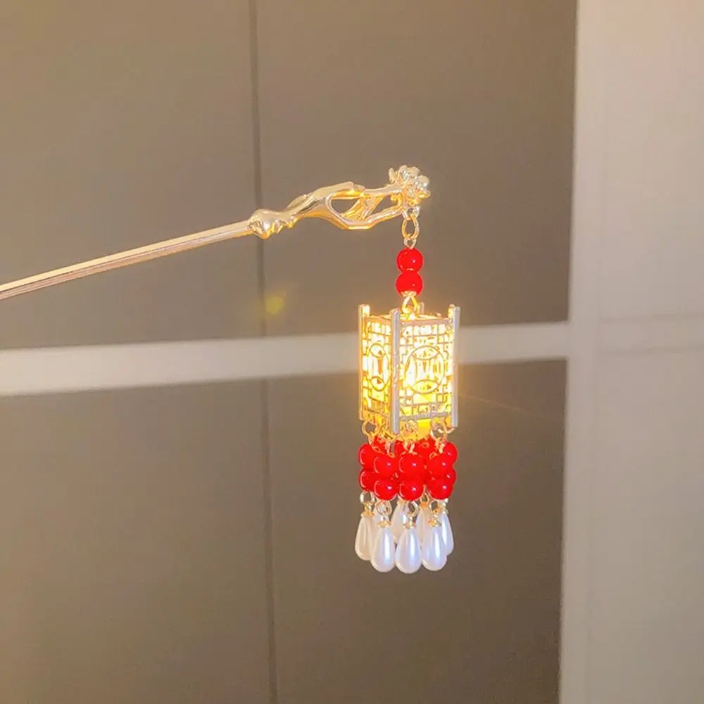 

Ancient Style Pearl Glowing Lantern Hairpin LED Light Copper Coin Lantern Tassel Hair Stick Hair Chopstick Luminescent Women