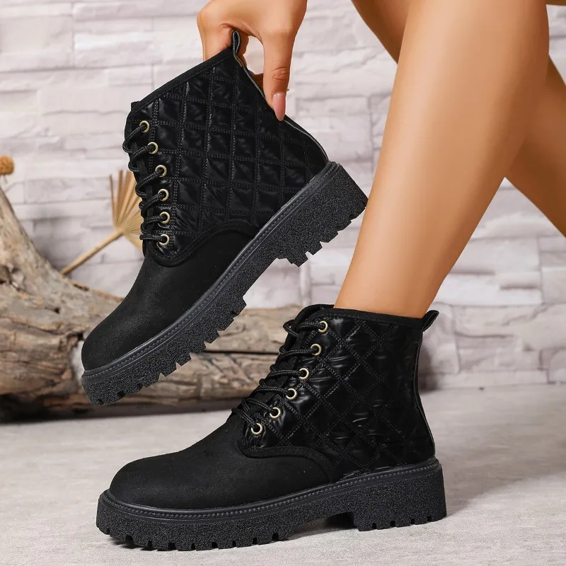 

2025 New British Style Platform Boots Women Spring Autumn Lace-up Solid Ankle Boots for Woman Solid Color Botas Plus Size 35-41