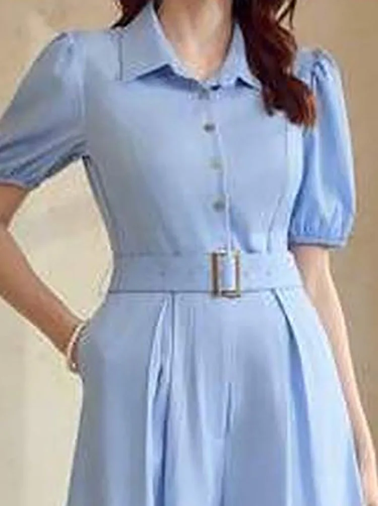 

Lady Temperament High Waist Wide Leg Romper Casual Lapel Puff Sleeve Commuting Summer Jumpsuit Simple Solid Color Loose Playsuit