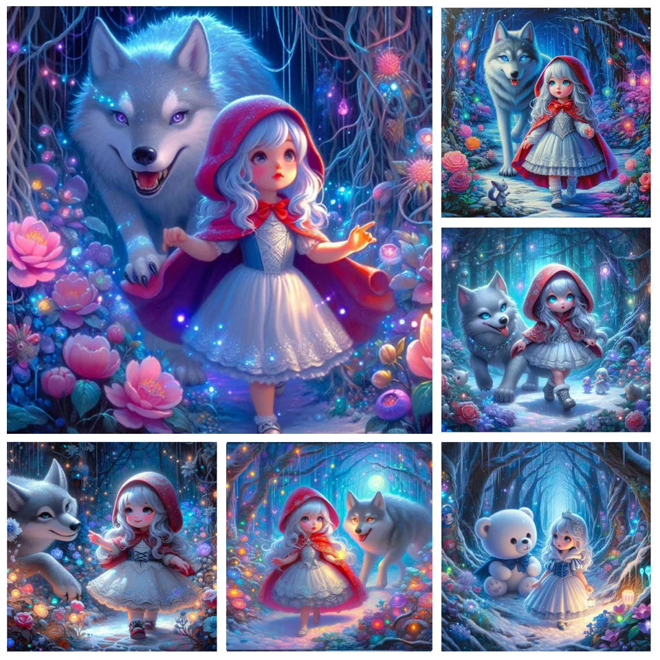 Full Diamond Art Painting 2024 Cartoon Girl and Big Bad Wolf Diamond Mosaic Embroidery Rhinestones Cross Stitch Home Decoration