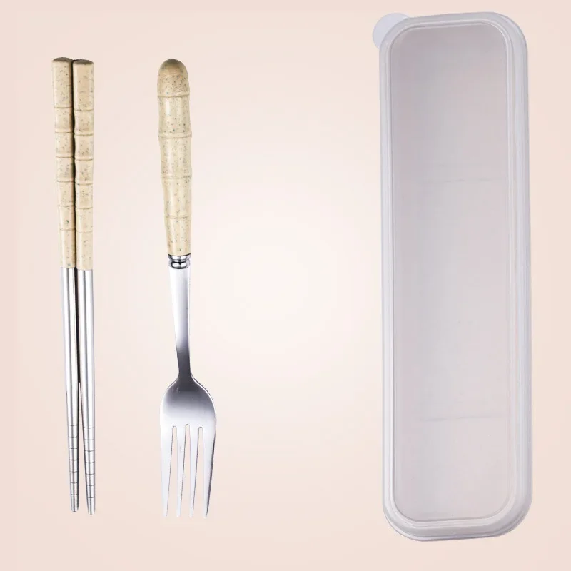 2/3pcs Wheat Straw Stainless Steel Portable Tableware Spoon Fork Chopsticks Set with Storage Box Dessert Fork Kitchen Supplies view 6