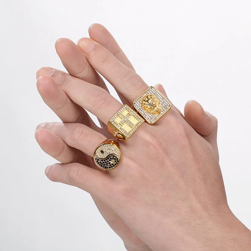 

Kalen Hip Hop Gold Color Stainless Steel Ring for Men Chunky Personalized Wide Zirconia Finger Rings Cross Anillos Trend Jewelry