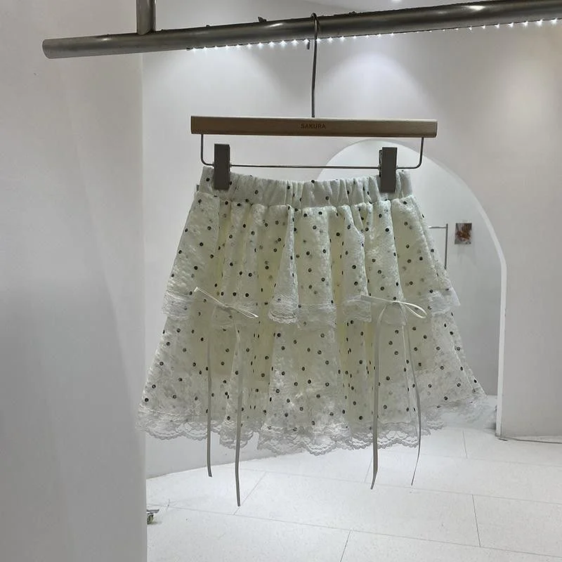 

Summer 2025 High Waist Cake Skirt with Lace Trim Splicing Polka Dot Hemline Sweet And Spicy Girl White Half-length Skirt