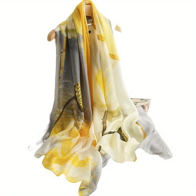 

Lightweight Large 100%Mulberry Silk Chiffon Scarf for Women Oblong Shawl Neck Scarf Beach Wrap Headscarf Gift Pack Yellow Floral