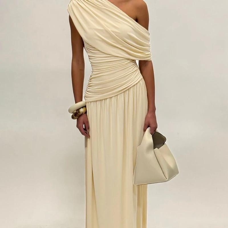 Hugcitar One Shoulder Ruched Sleeveless Solid Pleated Sexy Irregular Y2K Maxi Dress Summer Elegant Party Women Clothes Vacation