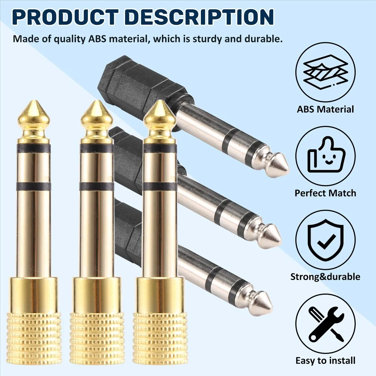 A49T 6 Pieces Headphone Adapter 6.35 mm(1/4 inch) Male to 3.5 mm(1/8 inch) Female Stereo Audio Earphone Jack Adapter, Black/Gold