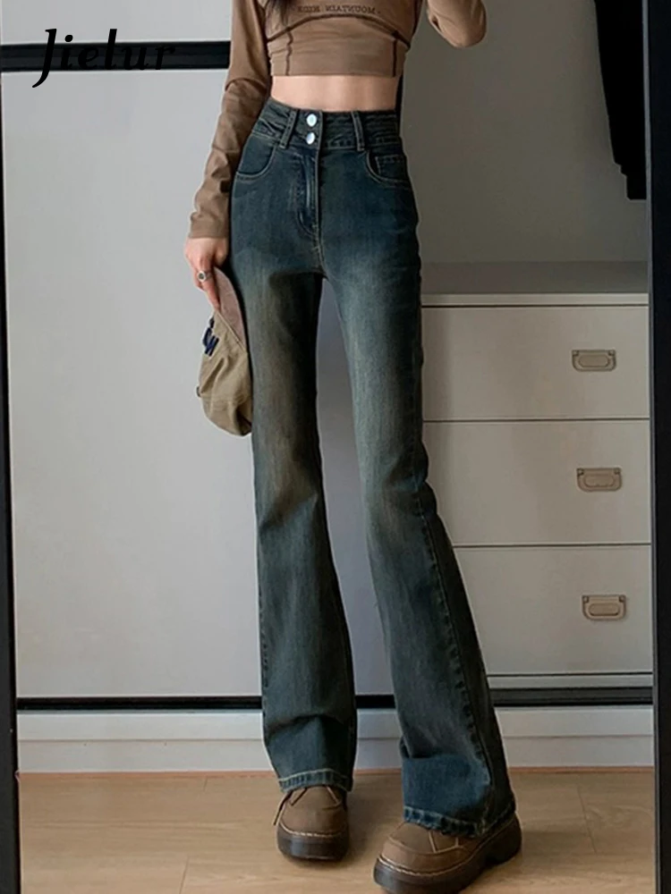 Jielur-Jean Slim Vintage Gris pour Femme, Pantalon Évasé, Taille Haute, observateur, Mode Décontractée, Double lèvent, Chic